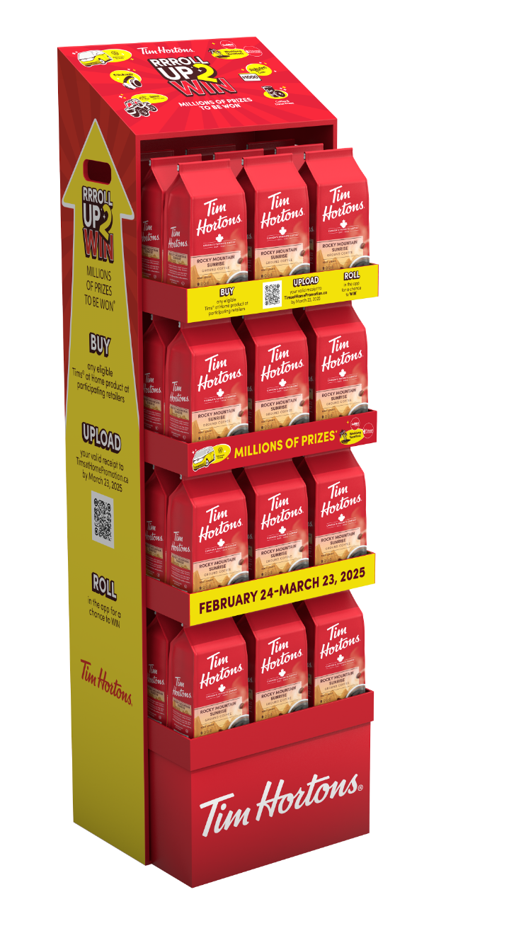 A Tim Hortons promotional display stand for the "Roll Up to Win" campaign with coffee products.