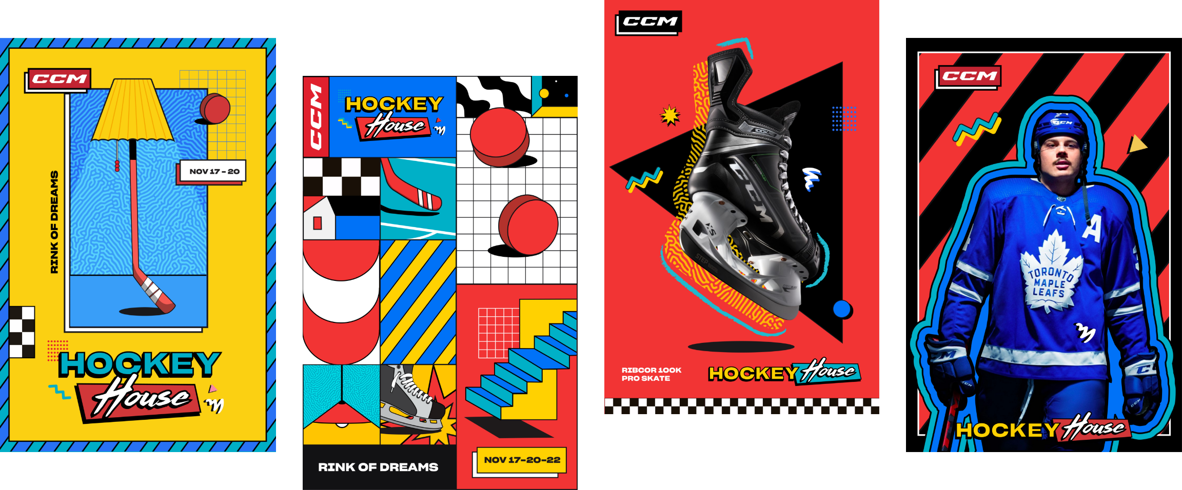 A series of four colorful posters featuring hockey equipment and themes, with a CCM logo and "Hockey House" text.