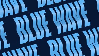 L'image présente le texte répété « BLUE WAVE » en lettres ondulées bleu clair sur un fond bleu foncé.