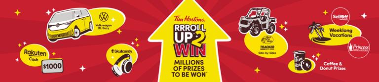 Bannière promotionnelle pour le concours « RRRoll Up to Win » de Tim Hortons présentant divers prix comme une camionnette Volkswagen, de l'argent Rakuten et des prix de café et de beignets.