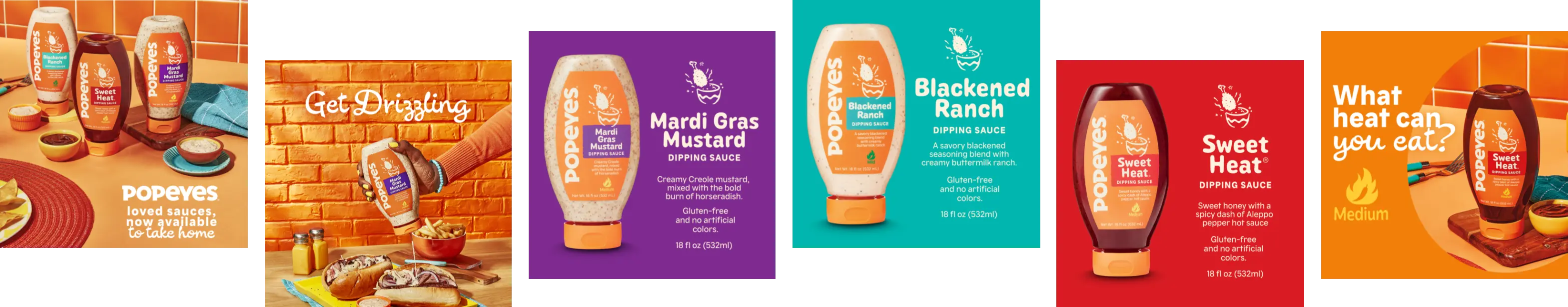 An assortment of Popeyes dipping sauces on display, including Mardi Gras Mustard, Blackened Ranch, and Sweet Heat.