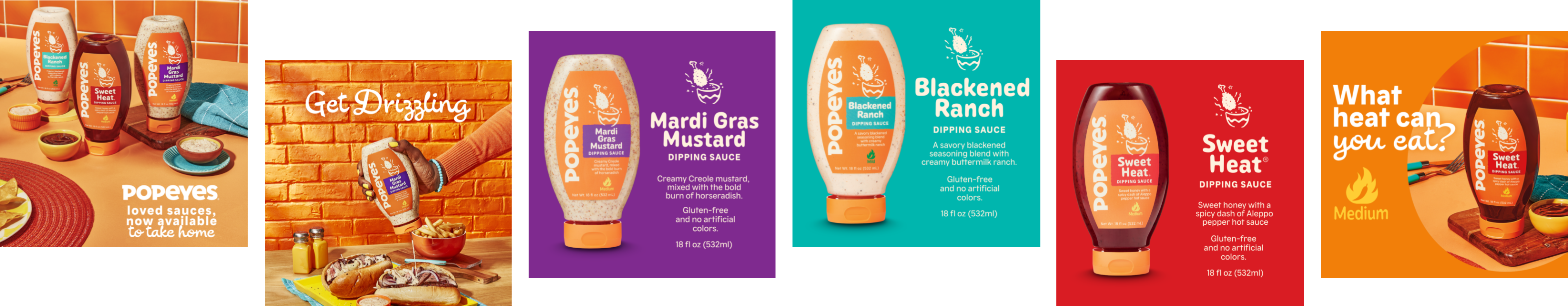 An assortment of Popeyes dipping sauces on display, including Mardi Gras Mustard, Blackened Ranch, and Sweet Heat.
