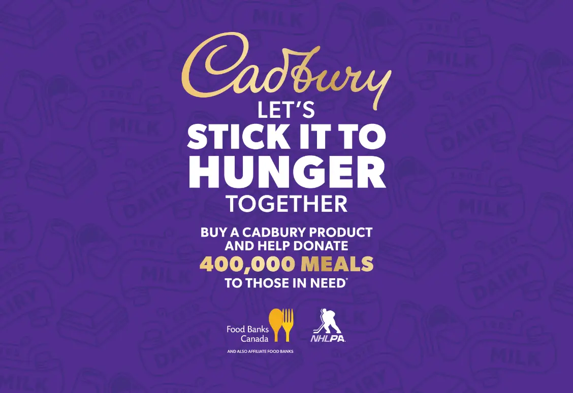 Image de campagne pour Cadbury encourageant les achats pour faire don de 400 000 repas aux personnes dans le besoin, présentant les logos de Banques alimentaires Canada et de l'AJLNH.