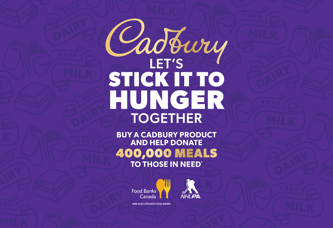 Image de campagne pour Cadbury encourageant les achats pour faire don de 400 000 repas aux personnes dans le besoin, présentant les logos de Banques alimentaires Canada et de l'AJLNH.