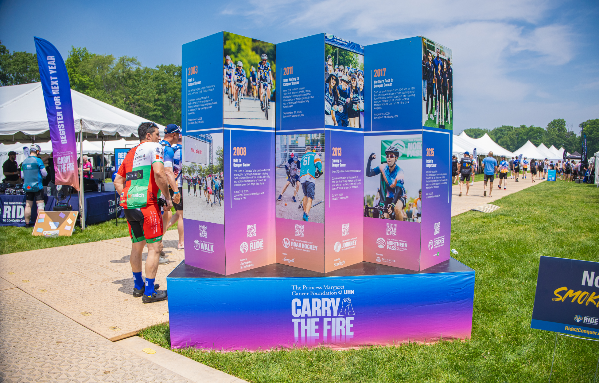 A colorful event display with panels showing years and images, surrounded by people and tents outdoors.