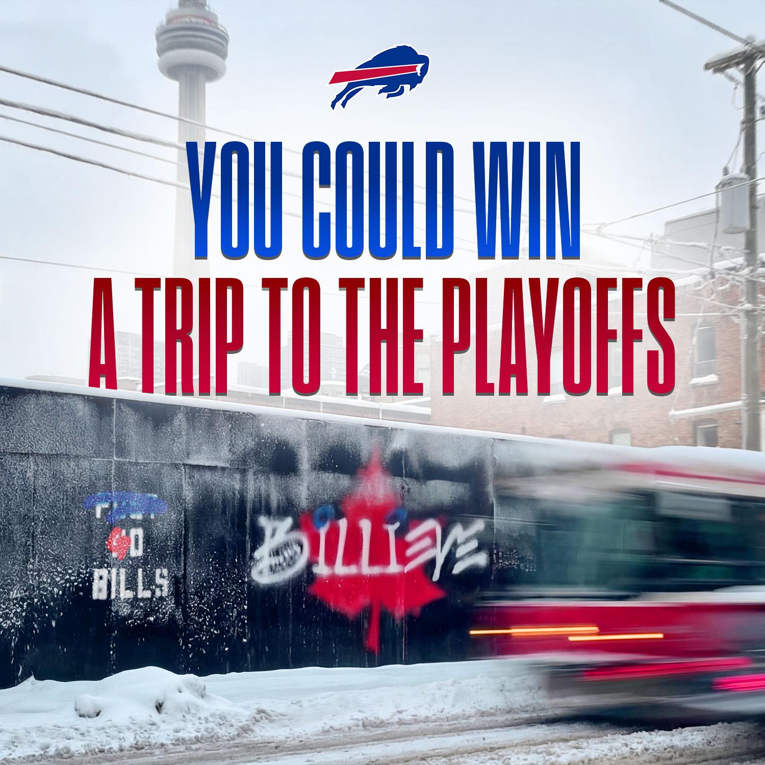 A snowy urban scene features graffiti with "Billeve" and text above saying "You Could Win a Trip to the Playoffs," along with a team logo.