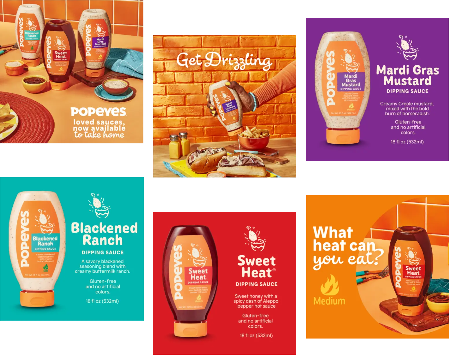 Un assortiment de sauces trempettes Popeyes en exposition, y compris Mardi Gras Mustard, Blackened Ranch et Sweet Heat.