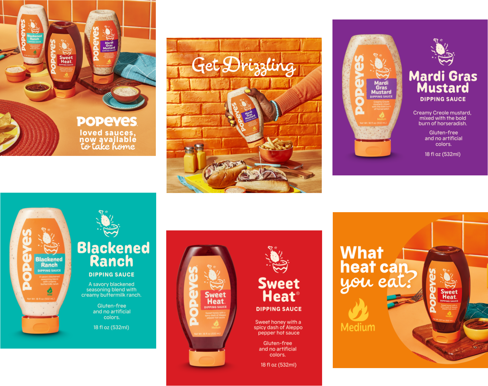 An assortment of Popeyes dipping sauces on display, including Mardi Gras Mustard, Blackened Ranch, and Sweet Heat.