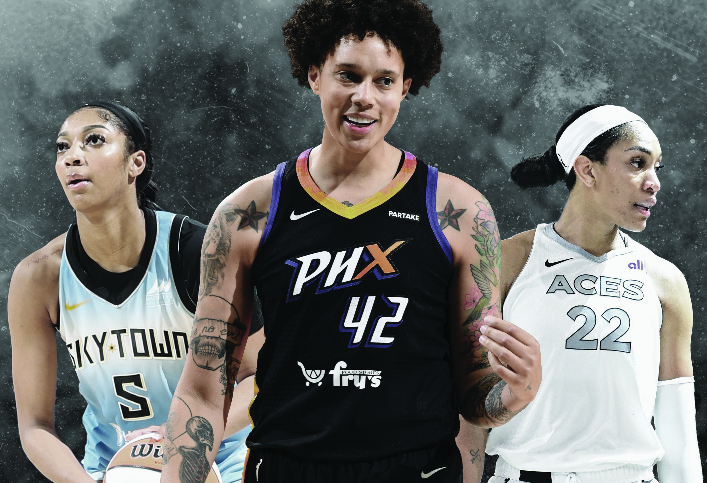 Three basketball players in different team jerseys set against a smoky background.