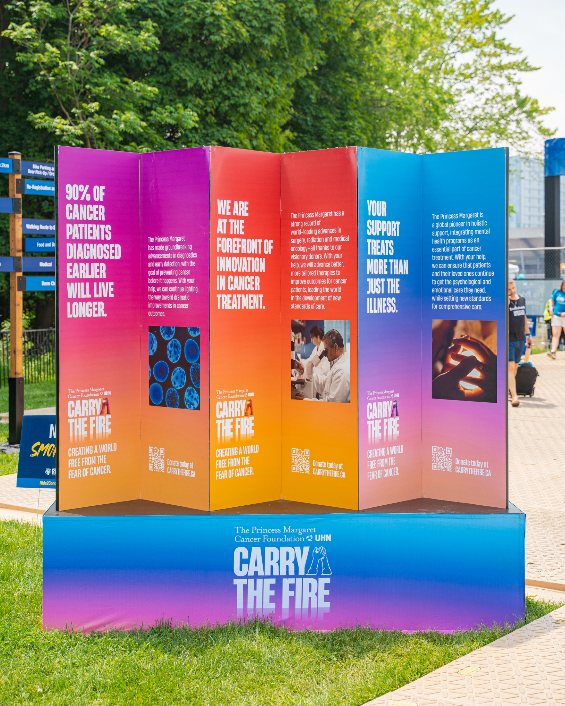 A colorful outdoor display board with information supporting cancer research and treatment innovations by the Princess Margaret Cancer Foundation.