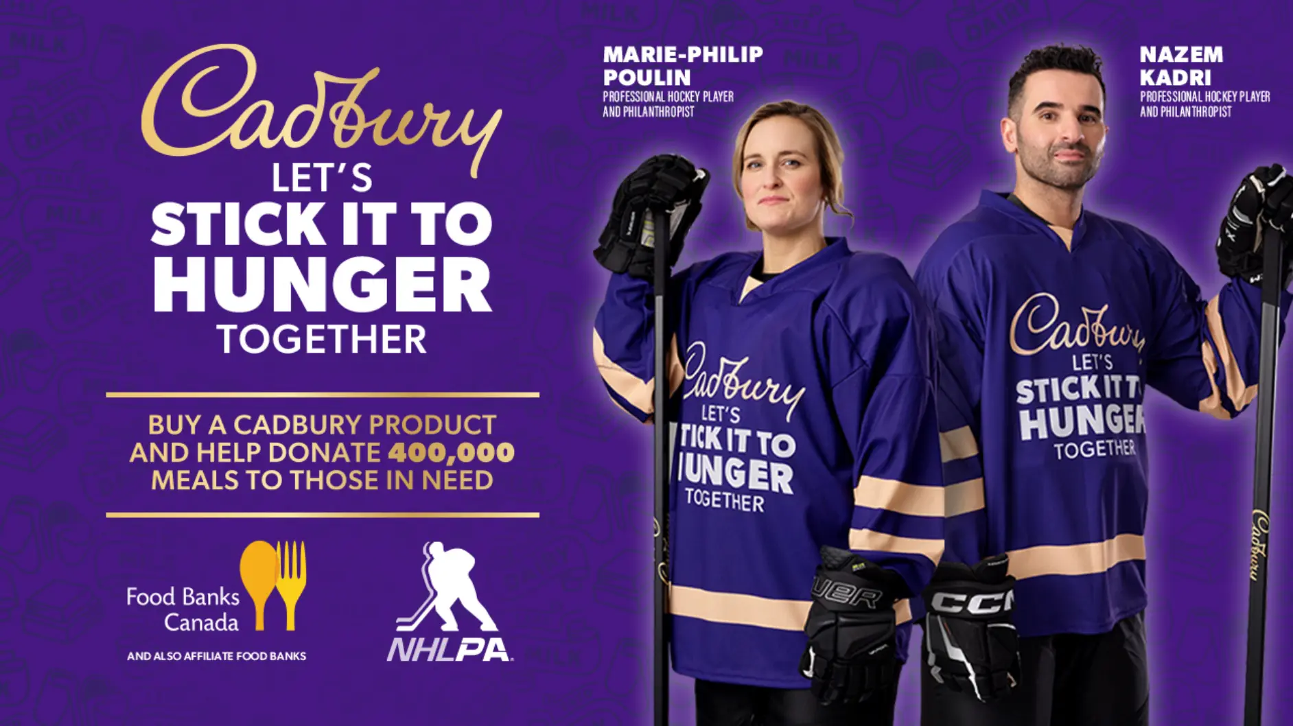 Deux personnes en maillots de hockey faisant la promotion de la campagne de Cadbury pour faire don de repas aux personnes dans le besoin.