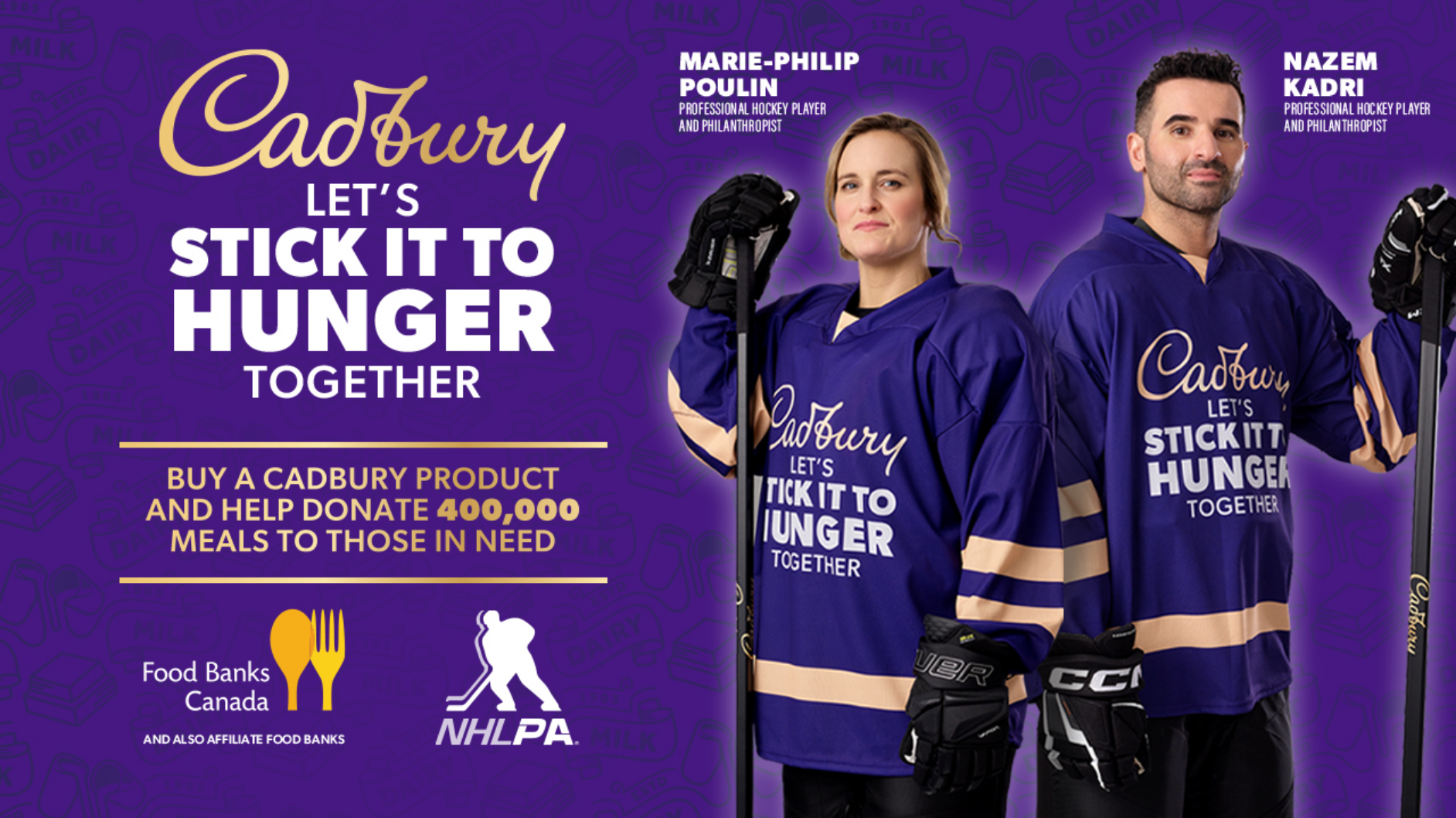 Deux personnes en maillots de hockey faisant la promotion de la campagne de Cadbury pour faire don de repas aux personnes dans le besoin.