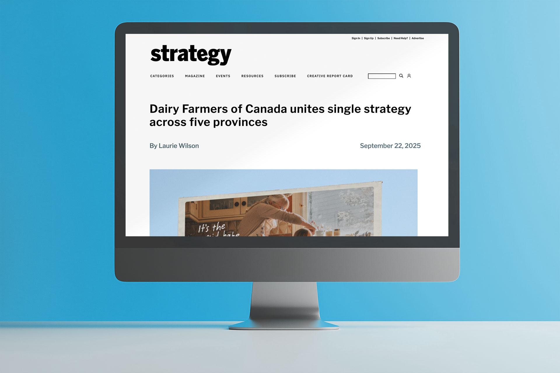 A computer screen displaying an article titled "Dairy Farmers of Canada unites single strategy across five provinces" on a light blue background.