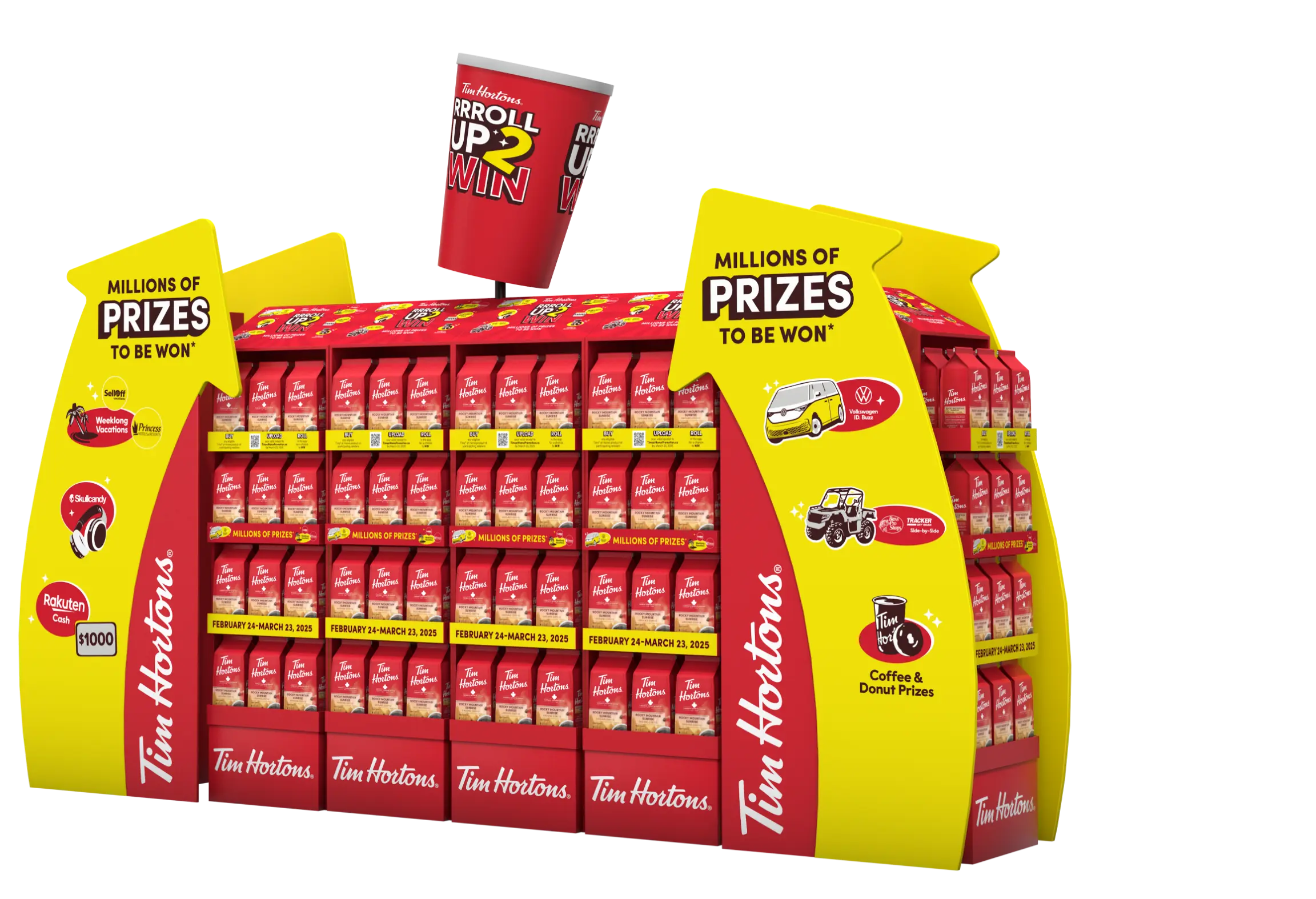 Display of Tim Hortons products with promotional signs about winning prizes.