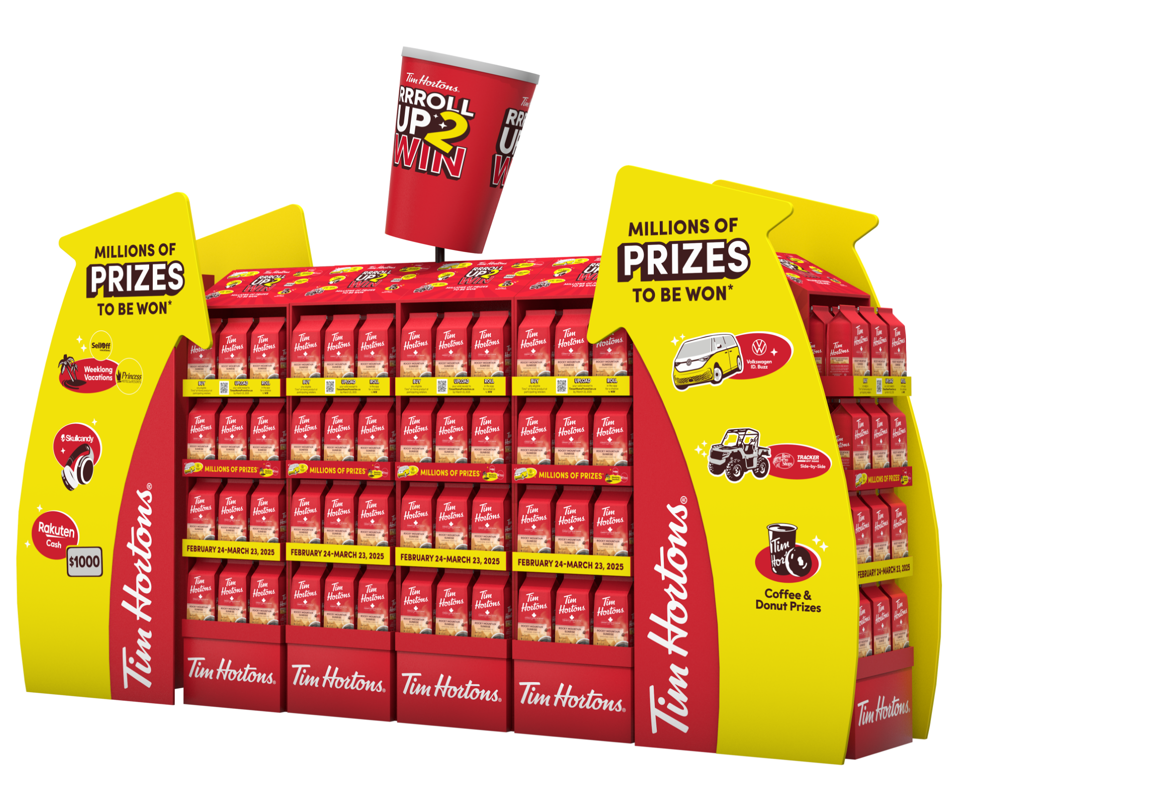 Affichage de produits Tim Hortons avec des panneaux promotionnels sur les prix à gagner.
