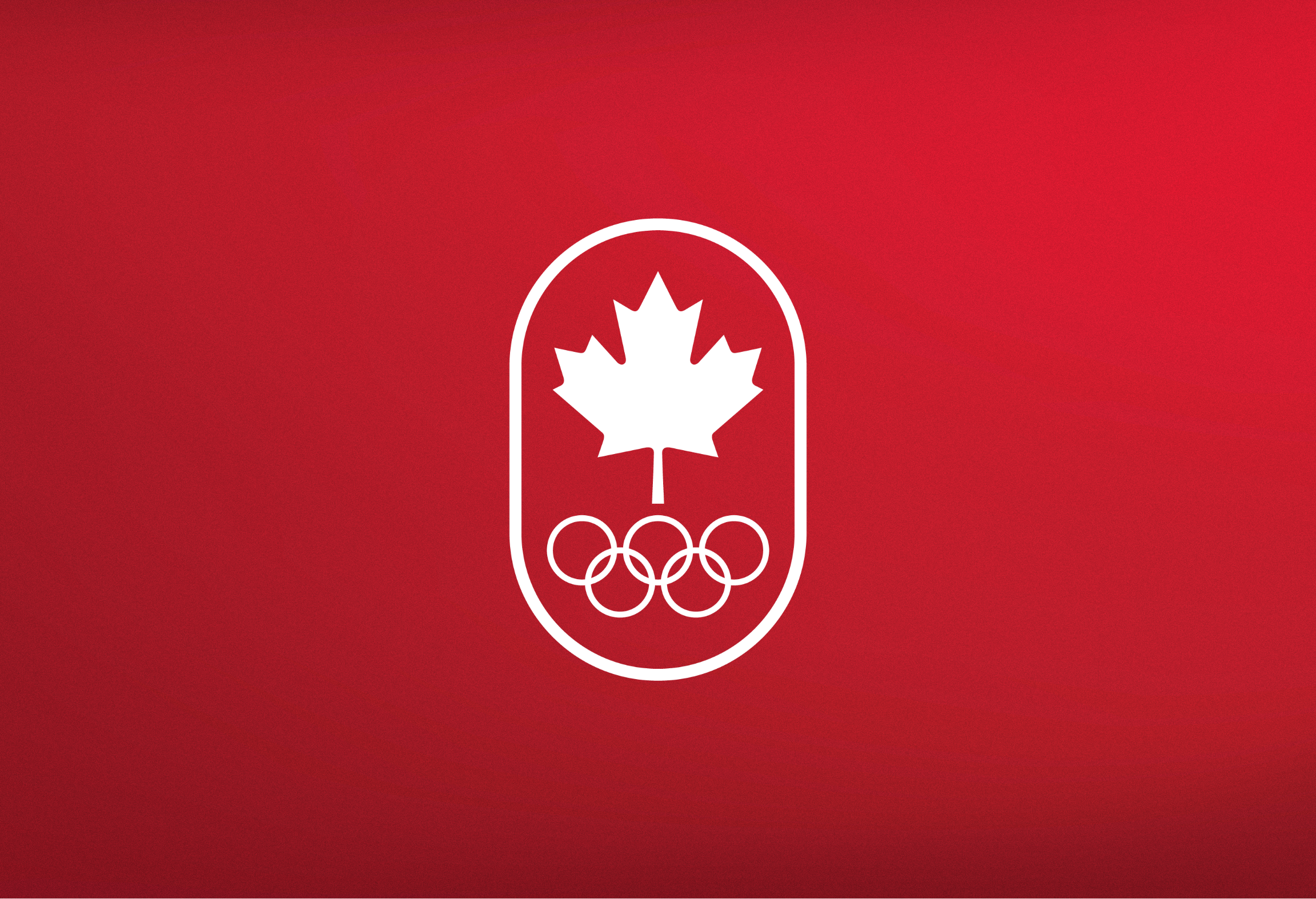 A red background featuring an emblem with a white maple leaf above the Olympic rings.