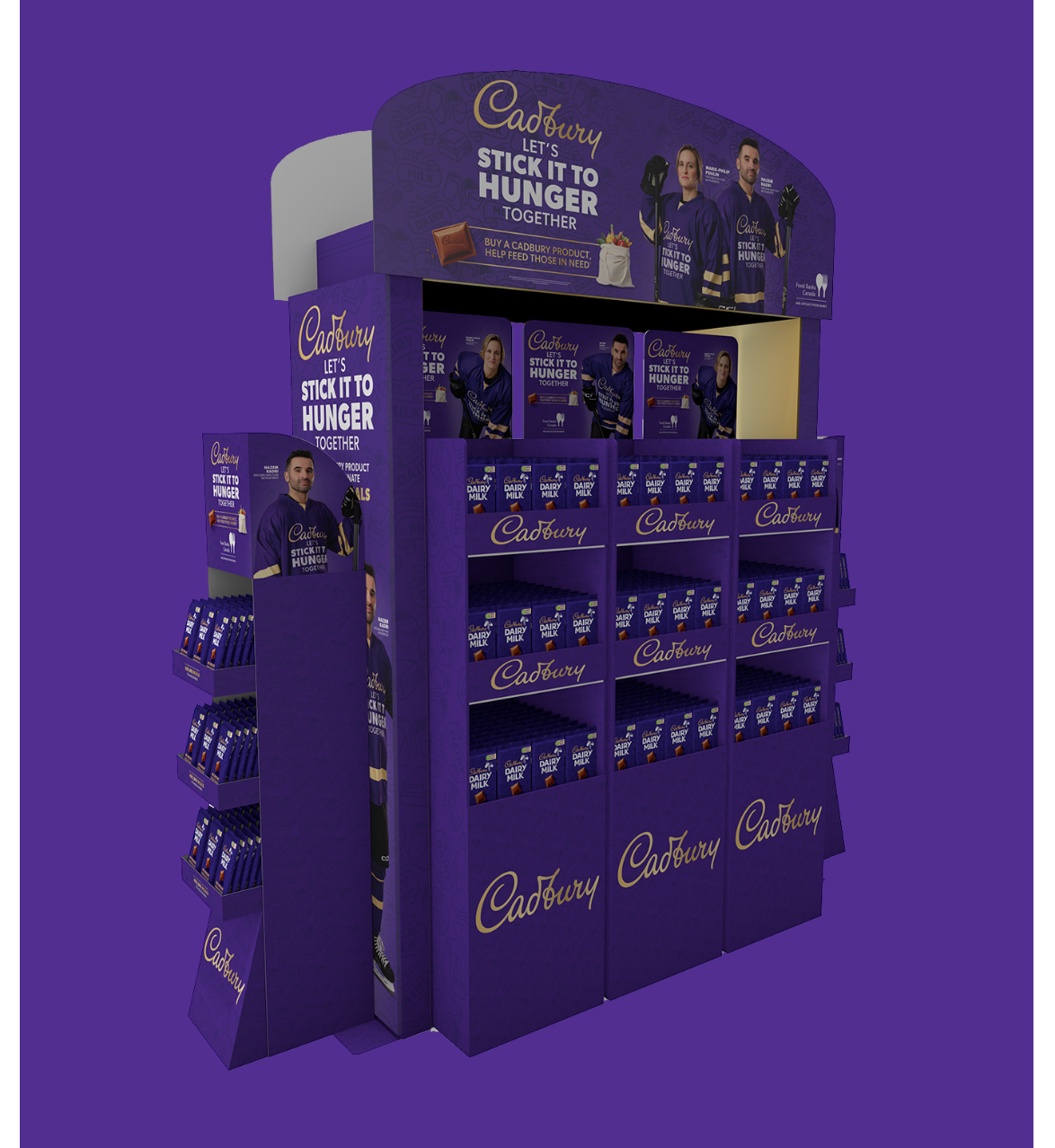 A purple Cadbury display stand promoting a hunger initiative with multiple chocolate bars arranged on shelves.
