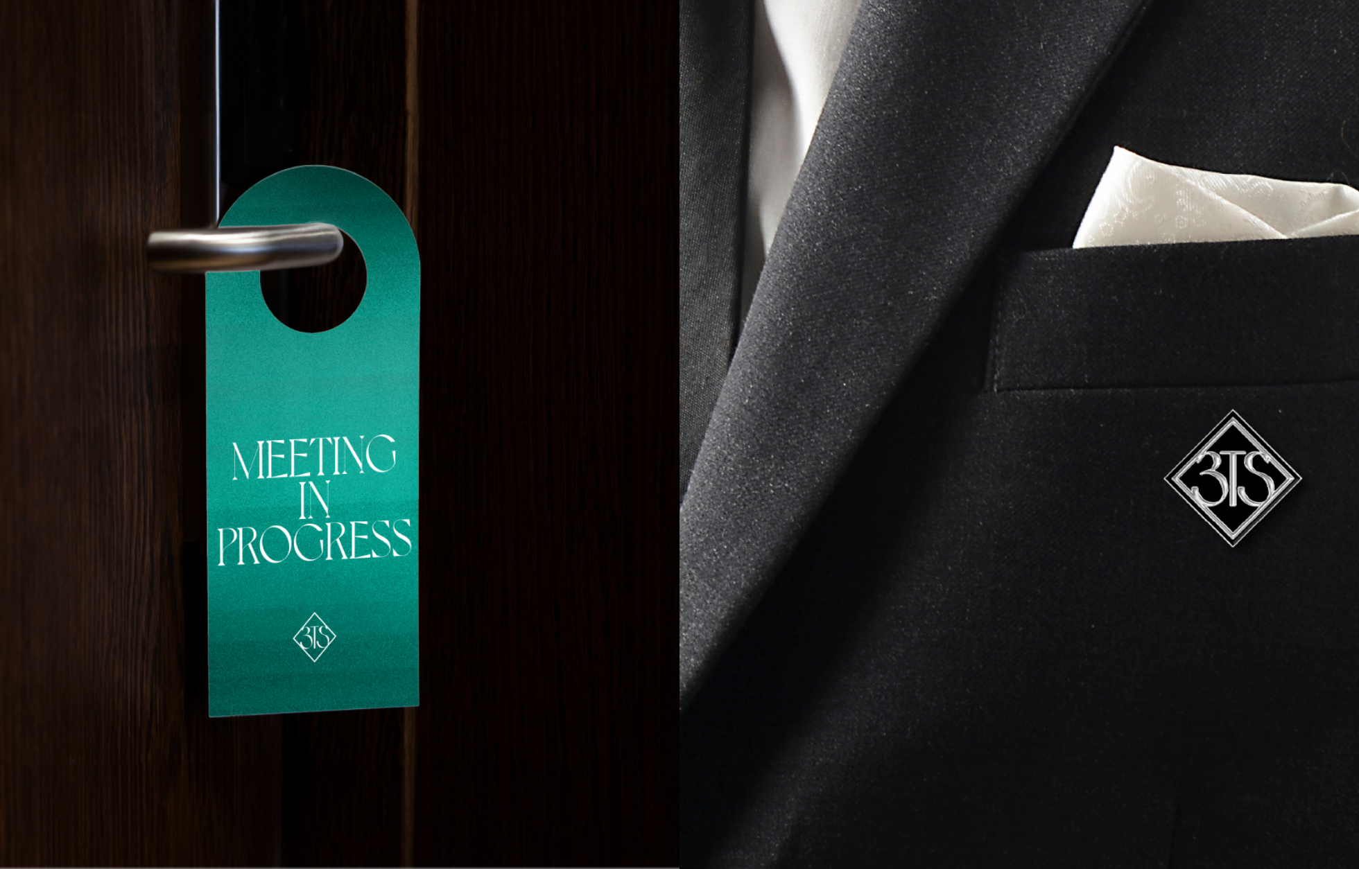 A door handle with a "Meeting in Progress" sign on the left, and a close-up of a suit with a pocket square on the right.