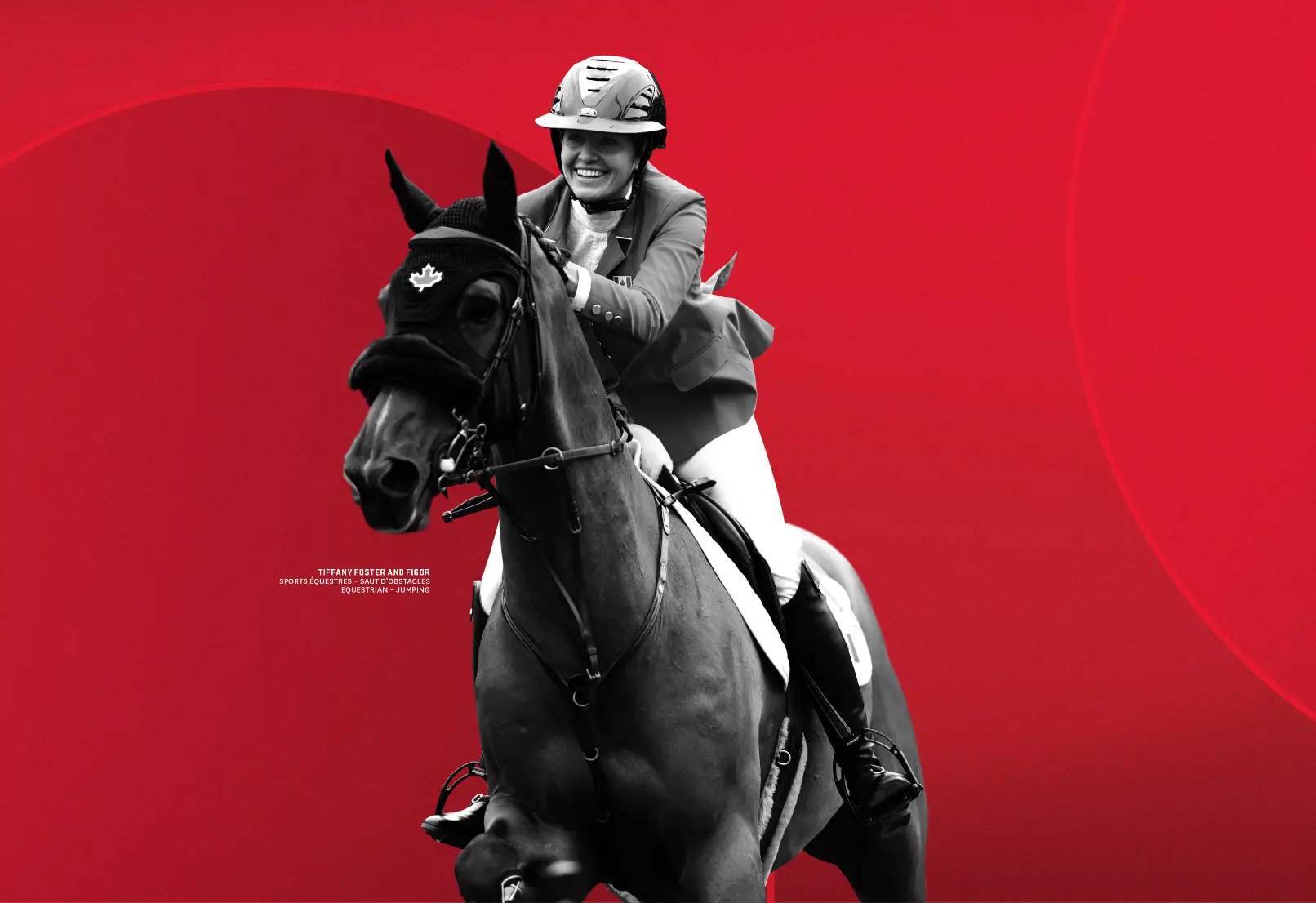 A smiling equestrian competes in an event, riding a horse against a red background.