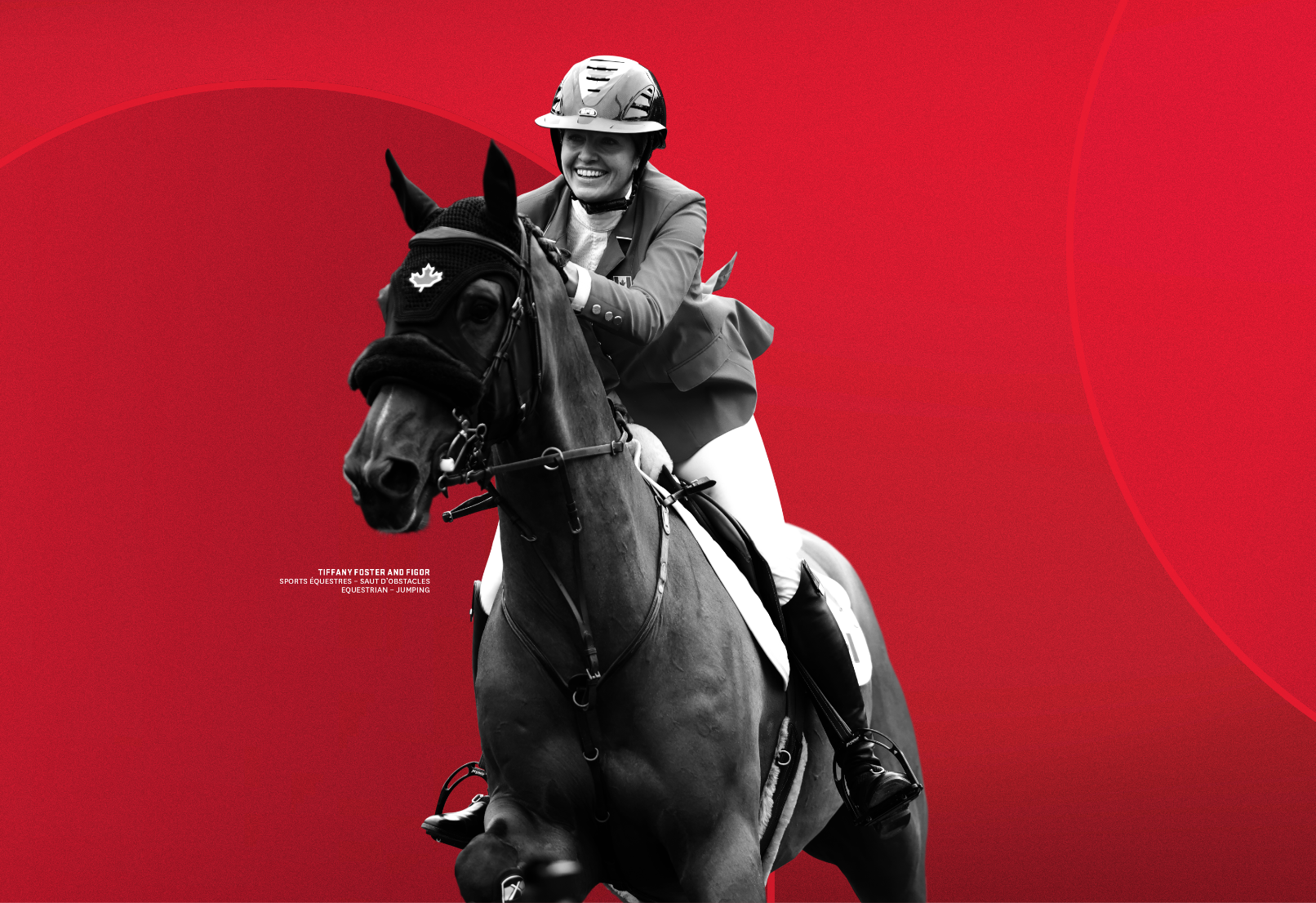 A smiling equestrian competes in an event, riding a horse against a red background.