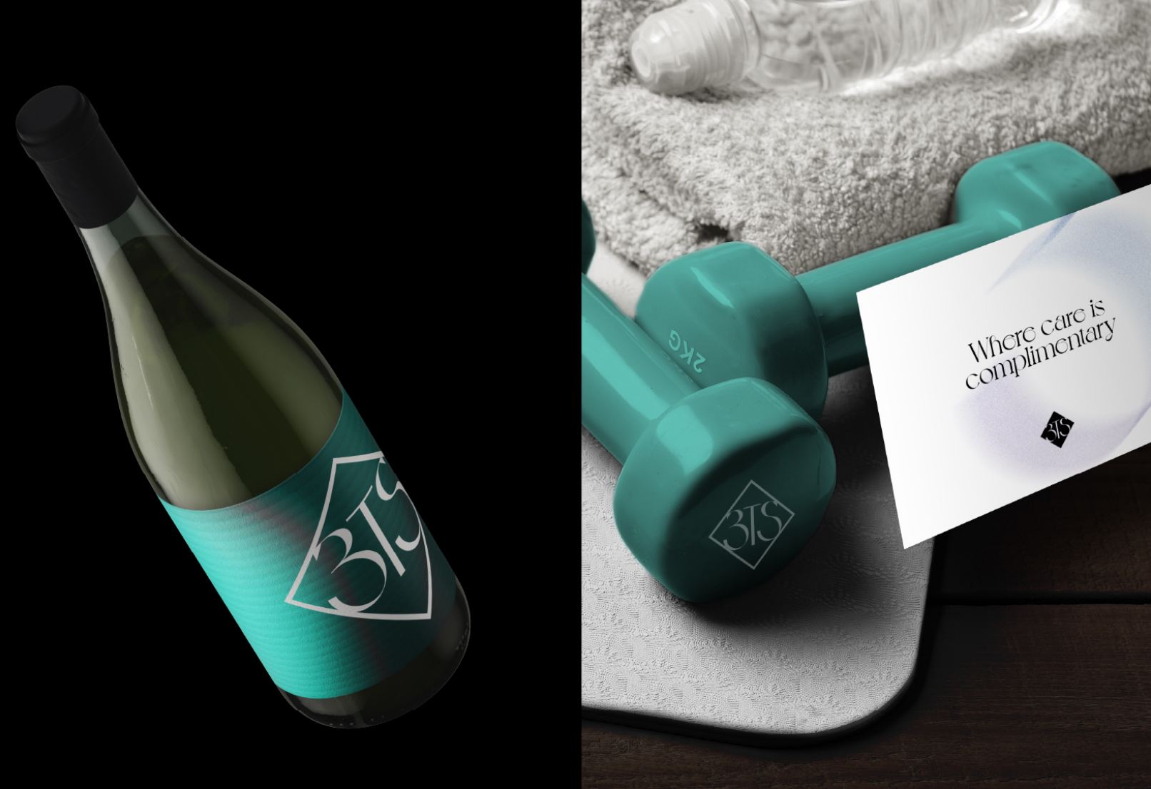 A bottle of wine with a turquoise label next to teal dumbbells, a towel, and a card stating "Where care is complimentary."