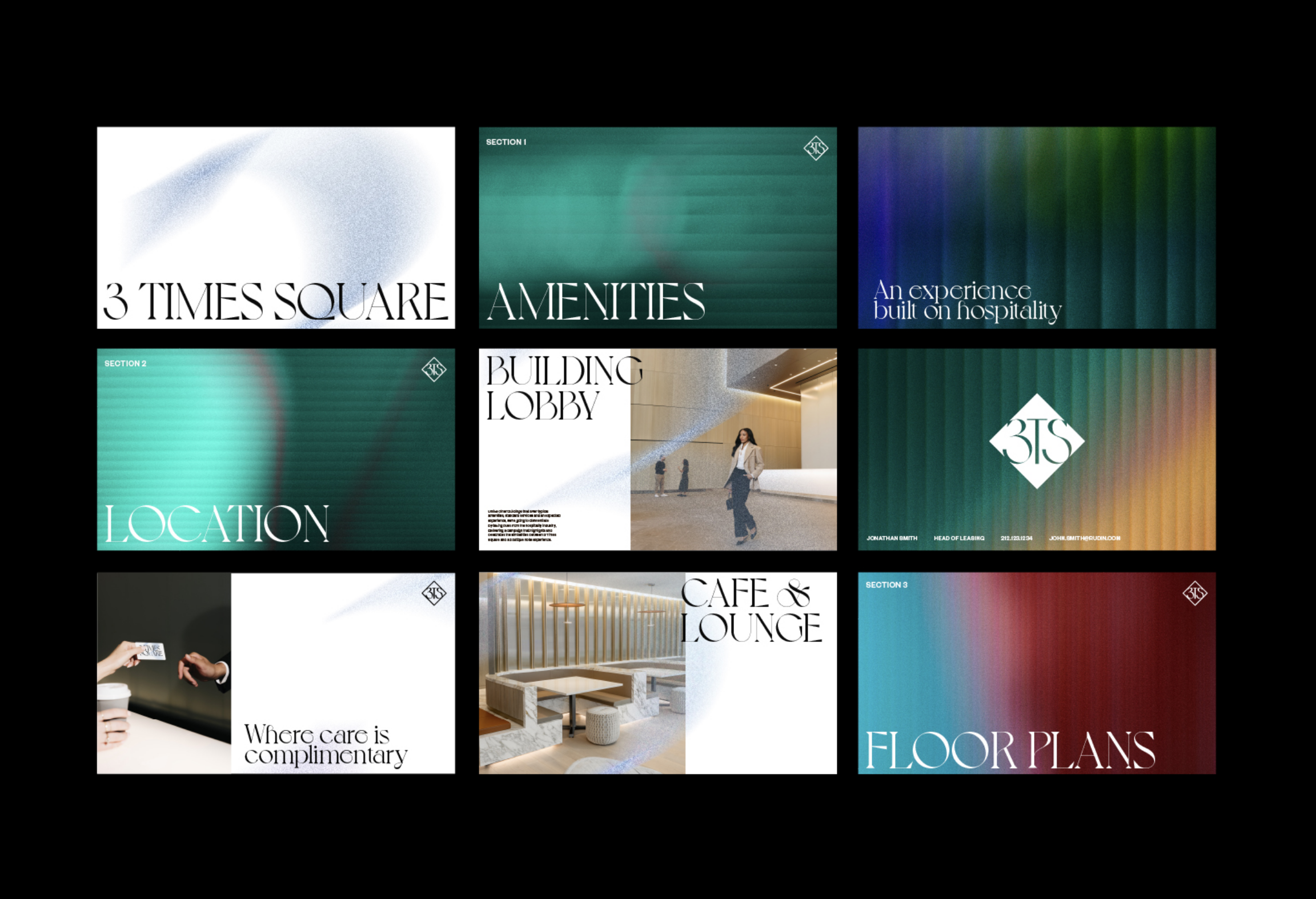 A grid of images and text showcasing various features and sections of 3 Times Square, including amenities, location, and floor plans.