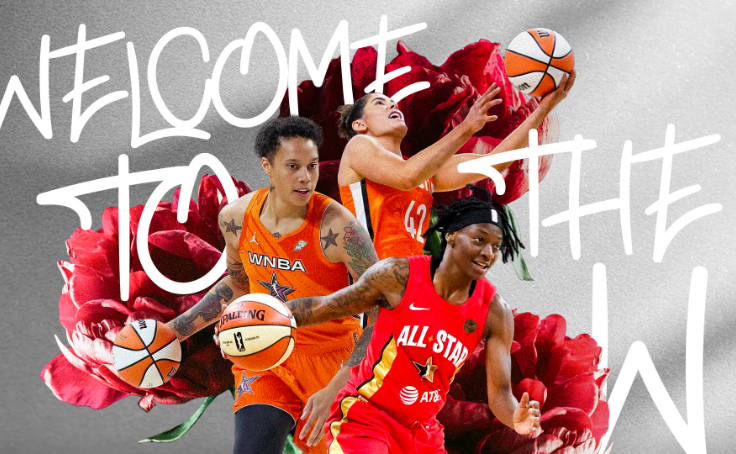 Three basketball players in action pose against a backdrop of red flowers and the words "Welcome to the W."