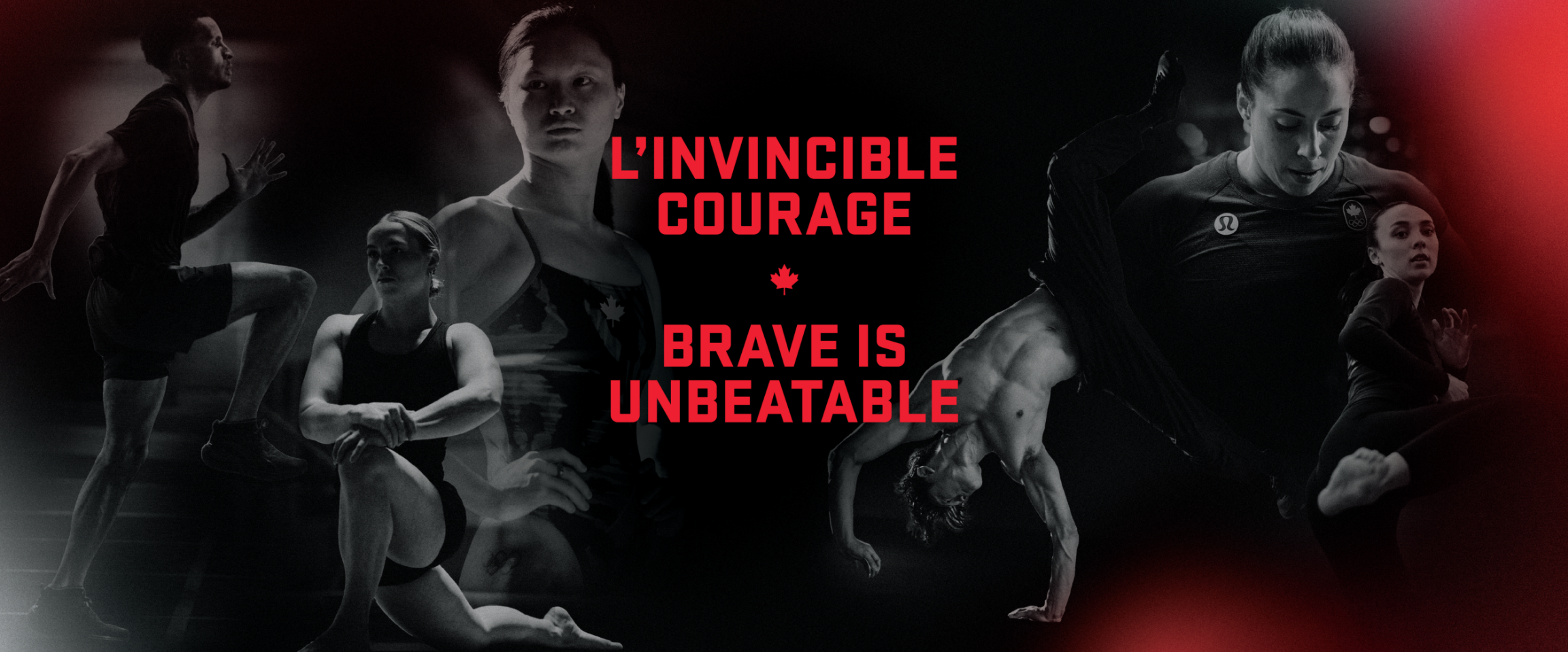 Black and white image of athletes in action with the text "L'INVINCIBLE COURAGE BRAVE IS UNBEATABLE" in red.