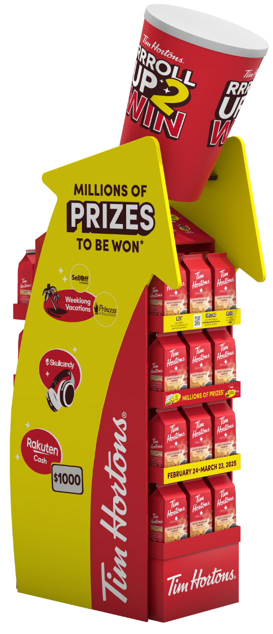 A display stand for Tim Hortons' "Roll Up the Rim to Win" promotion, featuring coffee cup images and prize details.