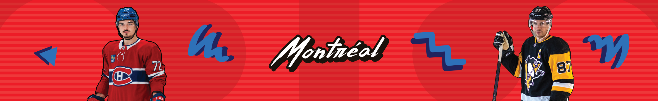 Une illustration de deux joueurs de hockey sur glace en maillots rouges et noirs avec le texte « Montréal » au centre et des formes bleues abstraites sur un fond rouge.