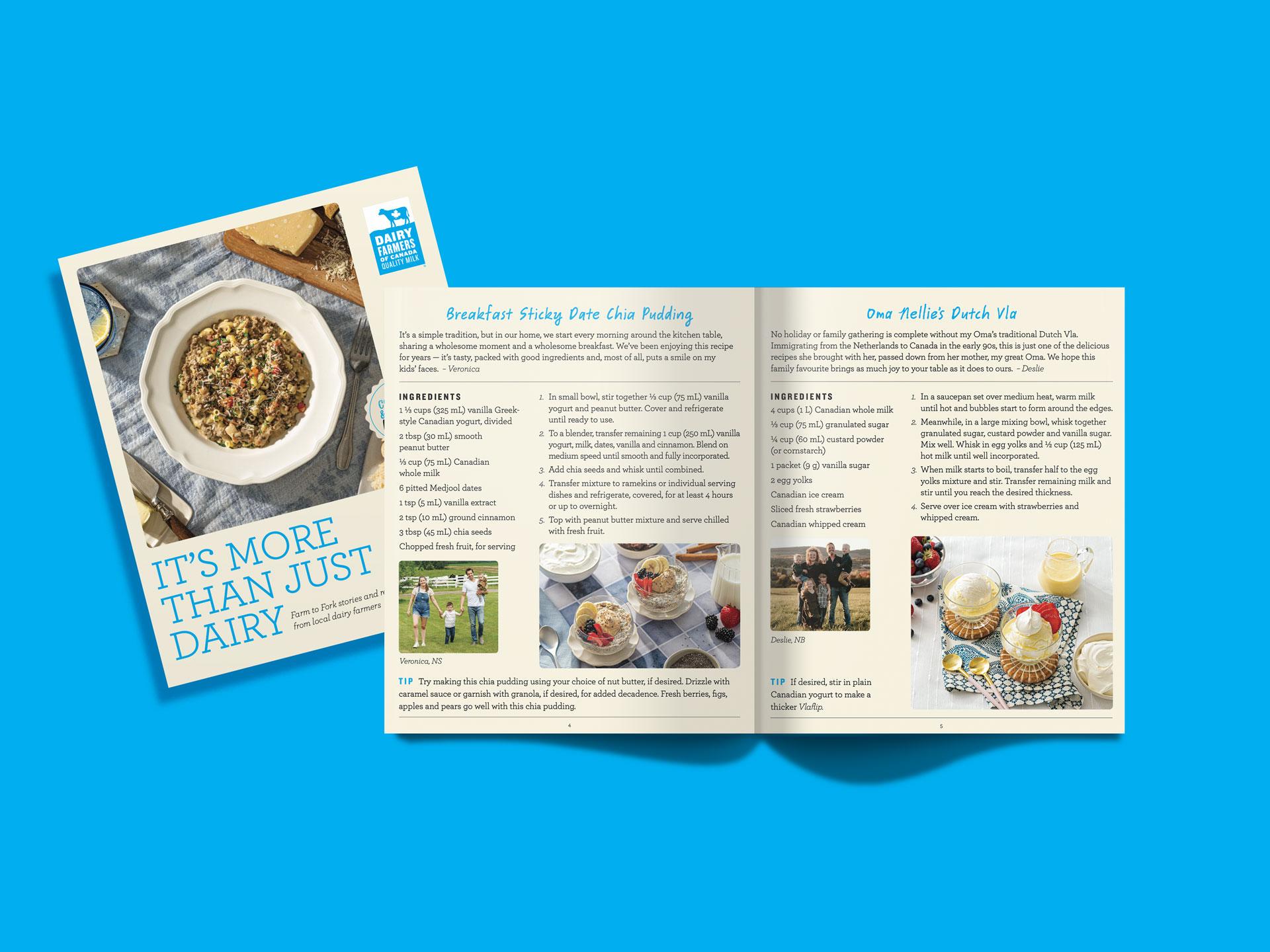An open recipe book on a blue background showing a dish and ingredients for two recipes.