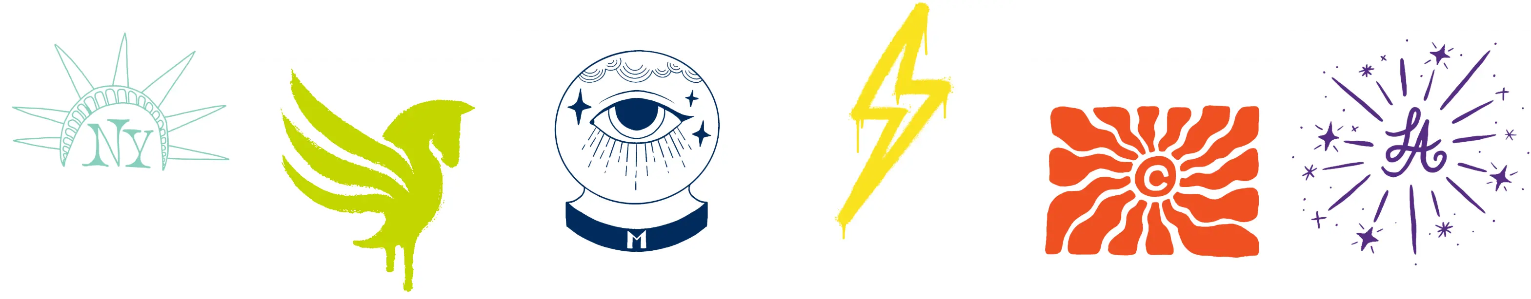 A row of six stylized illustrations including the Statue of Liberty crown, bird, eye, lightning bolt, sunburst, and starburst.