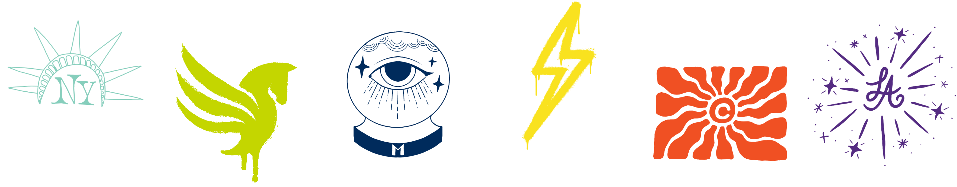 A row of six stylized illustrations including the Statue of Liberty crown, bird, eye, lightning bolt, sunburst, and starburst.