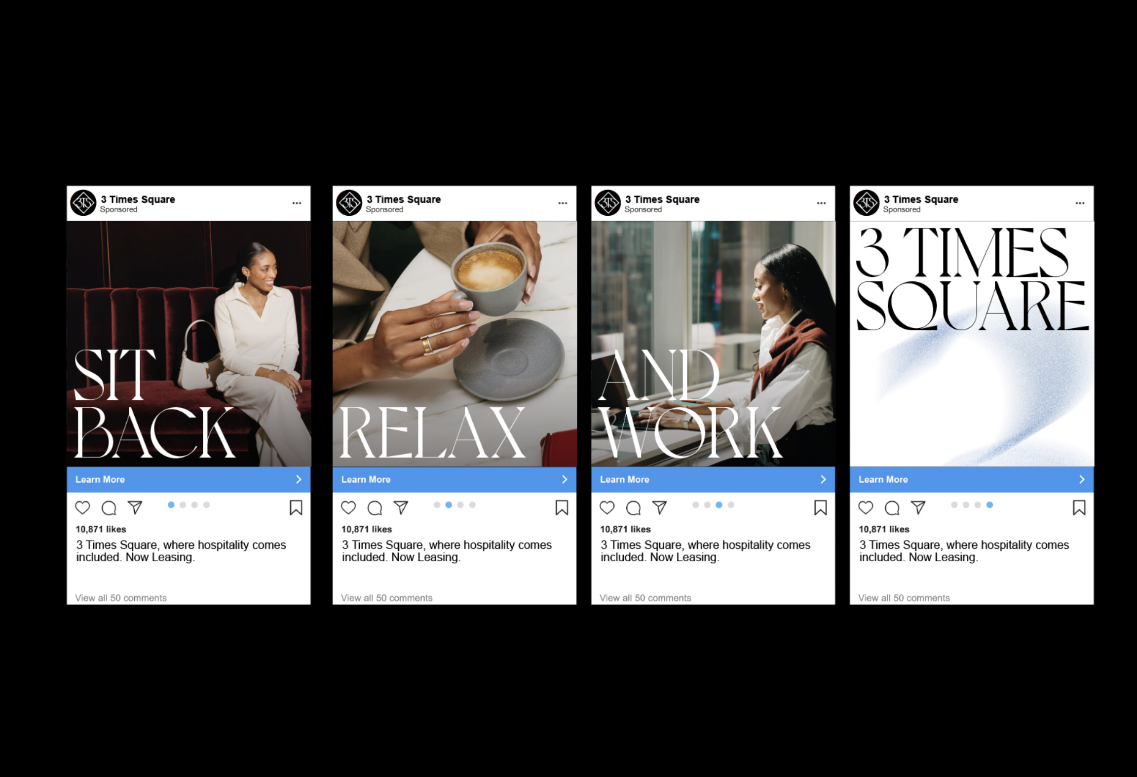 Four Instagram-style posts promoting 3 Times Square, each featuring the phrases "Sit Back," "Relax," "And Work," and the building's name.