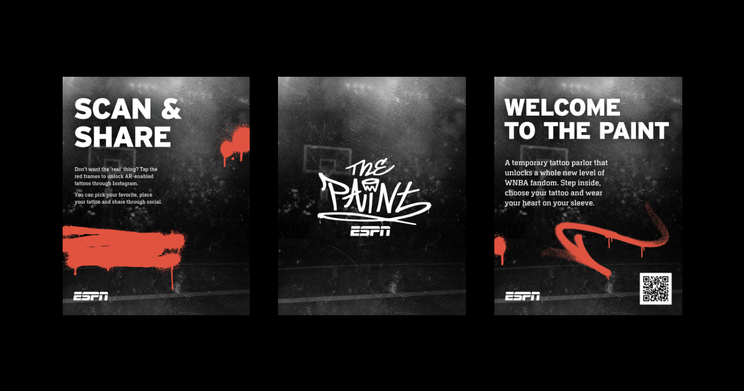 A three-panel sports-themed image with text about using AR-enabled tattoos, titled "The Paint," promoting engagement and featuring red graphics.