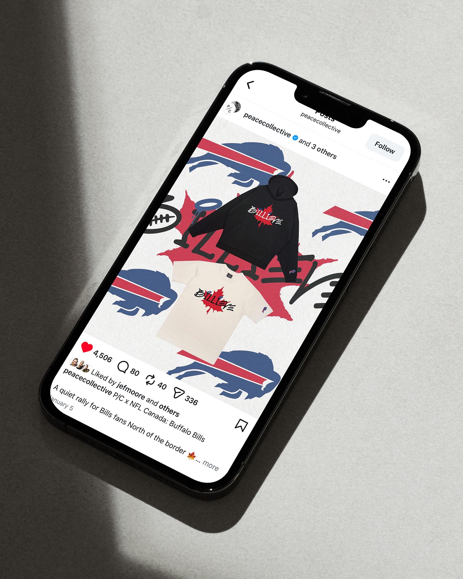 A smartphone screen displaying an Instagram post with two shirts featuring a design related to the Buffalo Bills.