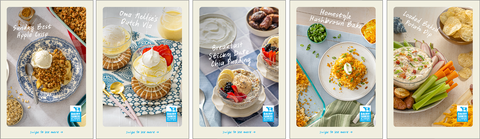 An image displaying five different dishes with labels: apple crisp, Dutch vla, date chia pudding, hashbrown bake, and baked potato dip, featuring Dairy Farmers of Canada branding.