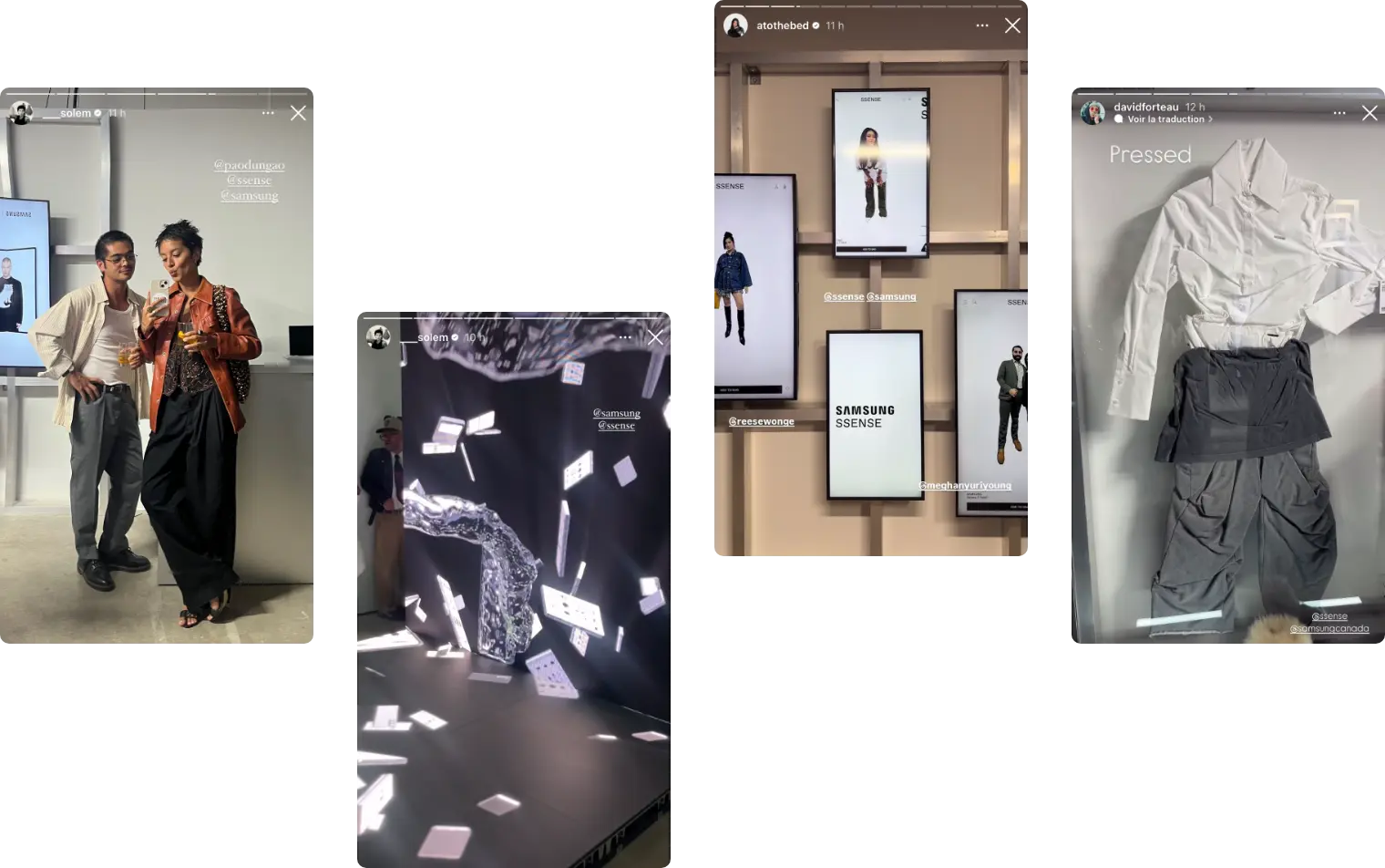 A collage of social media posts from an event, featuring people posing, clothing displays, and digital screens.