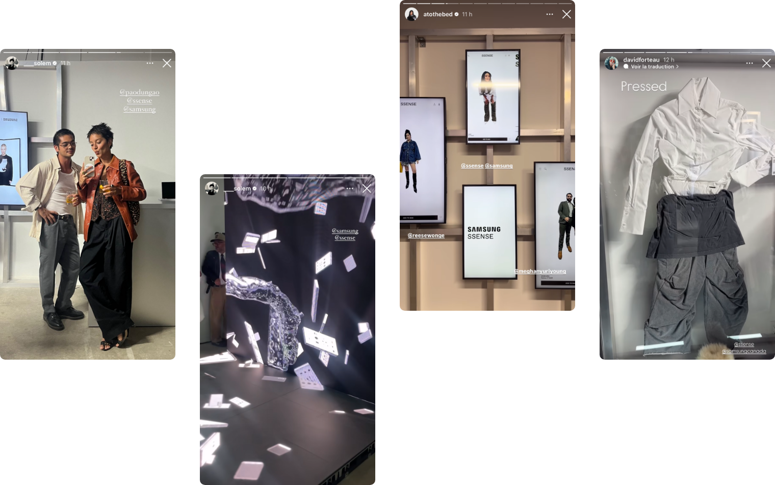 A collage of social media posts from an event, featuring people posing, clothing displays, and digital screens.