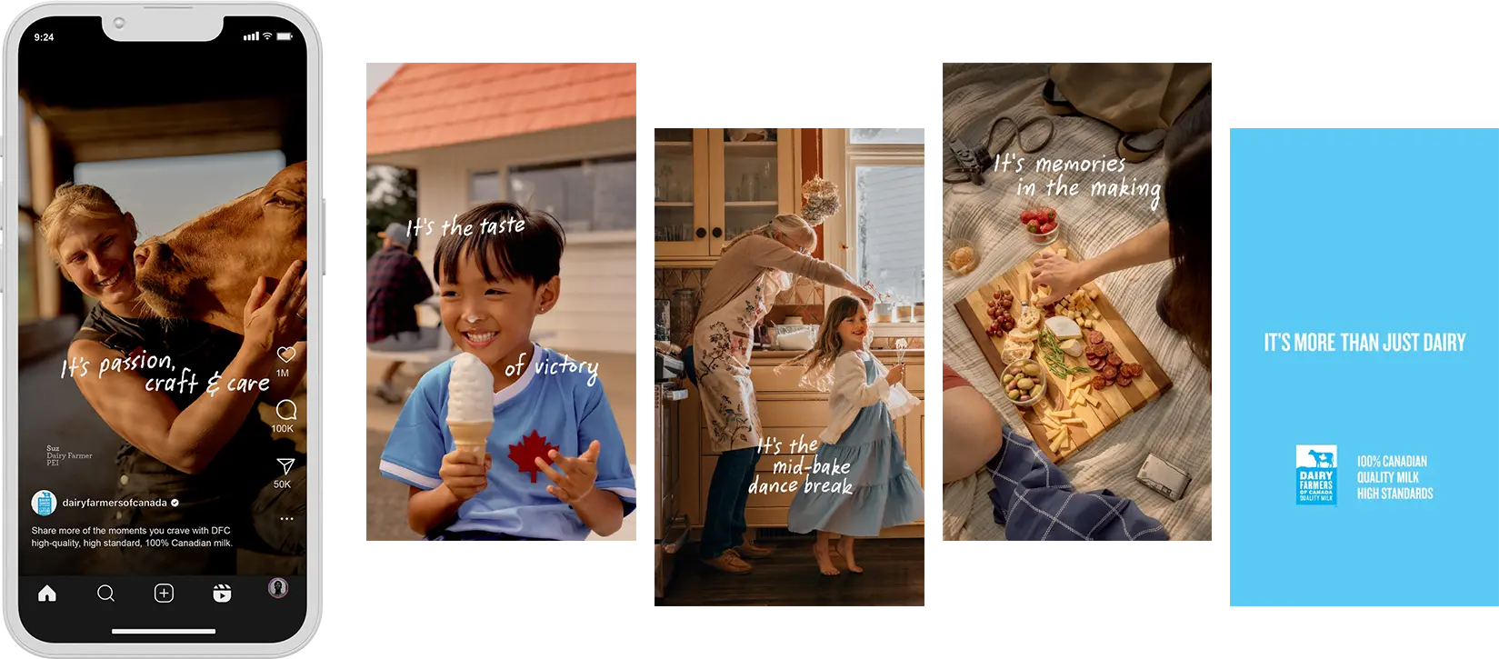 A series of images promoting Canadian dairy, showing people enjoying ice cream, cooking, and sharing food, with the text "It’s more than just dairy.