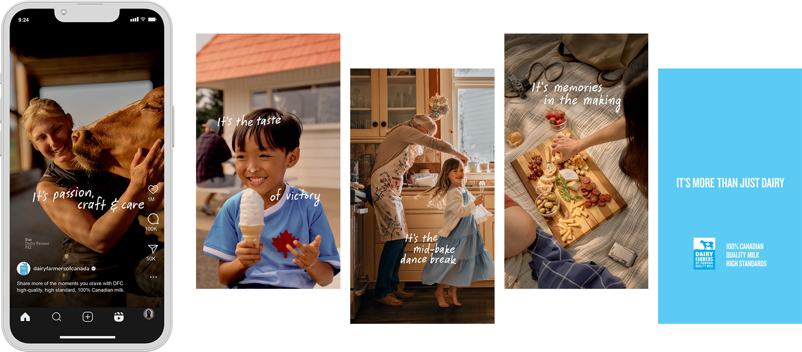 A series of images promoting Canadian dairy, showing people enjoying ice cream, cooking, and sharing food, with the text "It’s more than just dairy.