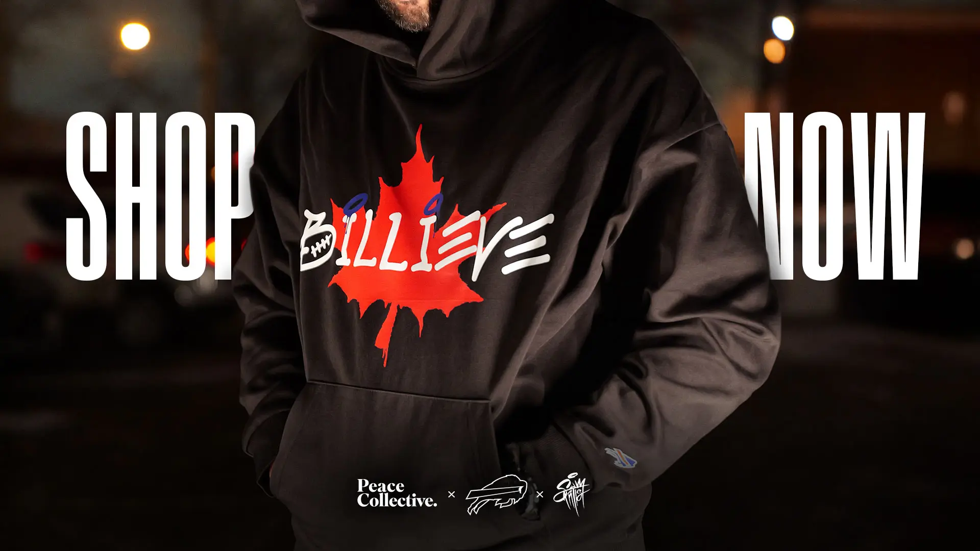 A person wearing a hoodie with a maple leaf and the word "BILLIEVE" printed on it, with "SHOP NOW" in bold text.