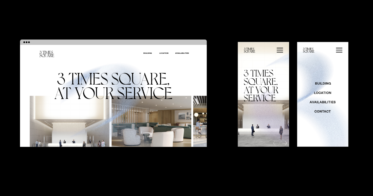 A website design mockup for "3 Times Square," featuring the text "3 Times Square. At Your Service," with an interior image and navigation menu.