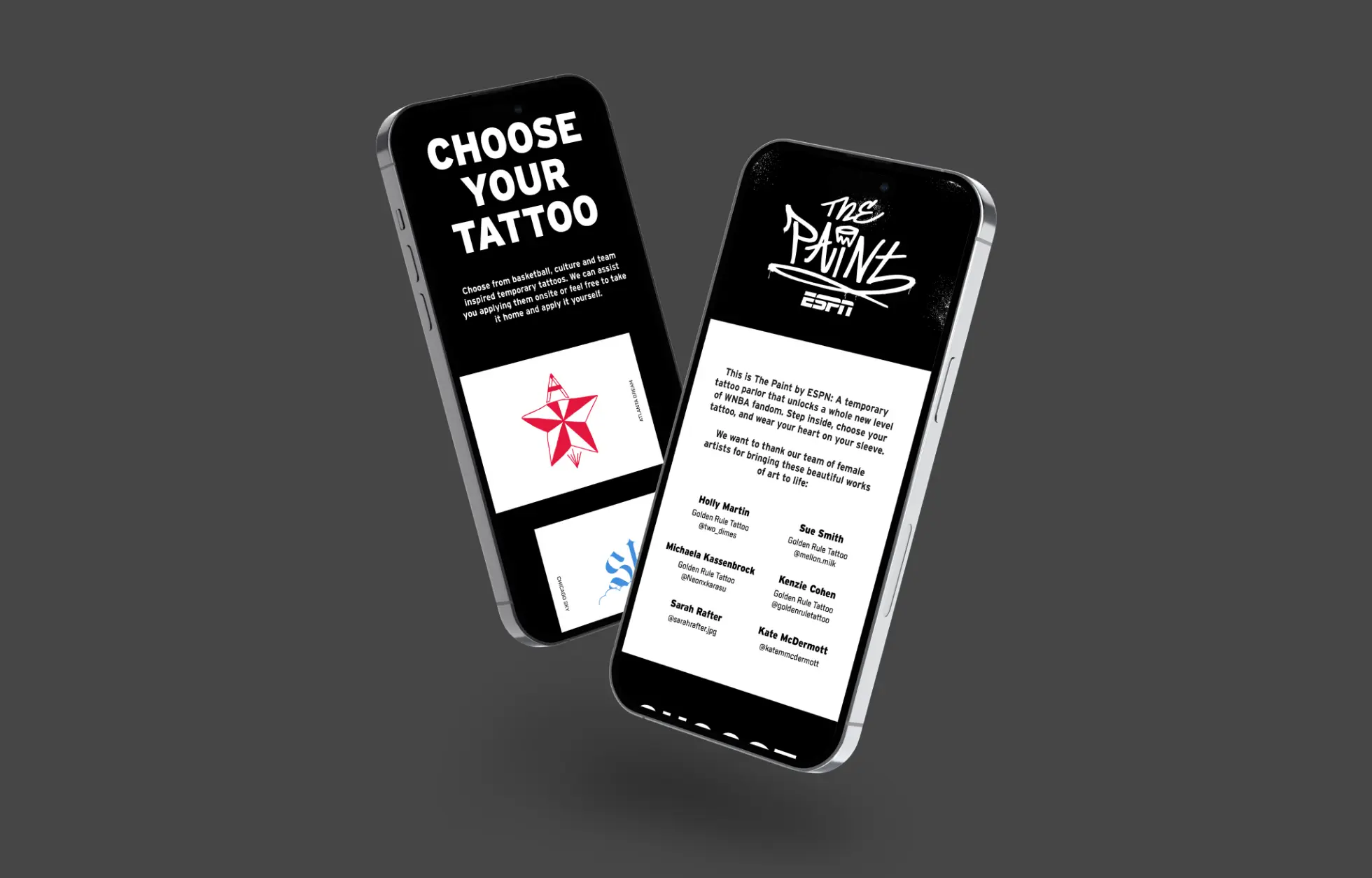 Two smartphones displaying a tattoo selection app related to ESPN and WNBA artwork.