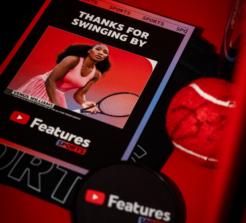 A promotional card featuring a tennis player with a tennis racket and a "Thanks for swinging by" message next to a red tennis ball and a button with a logo.