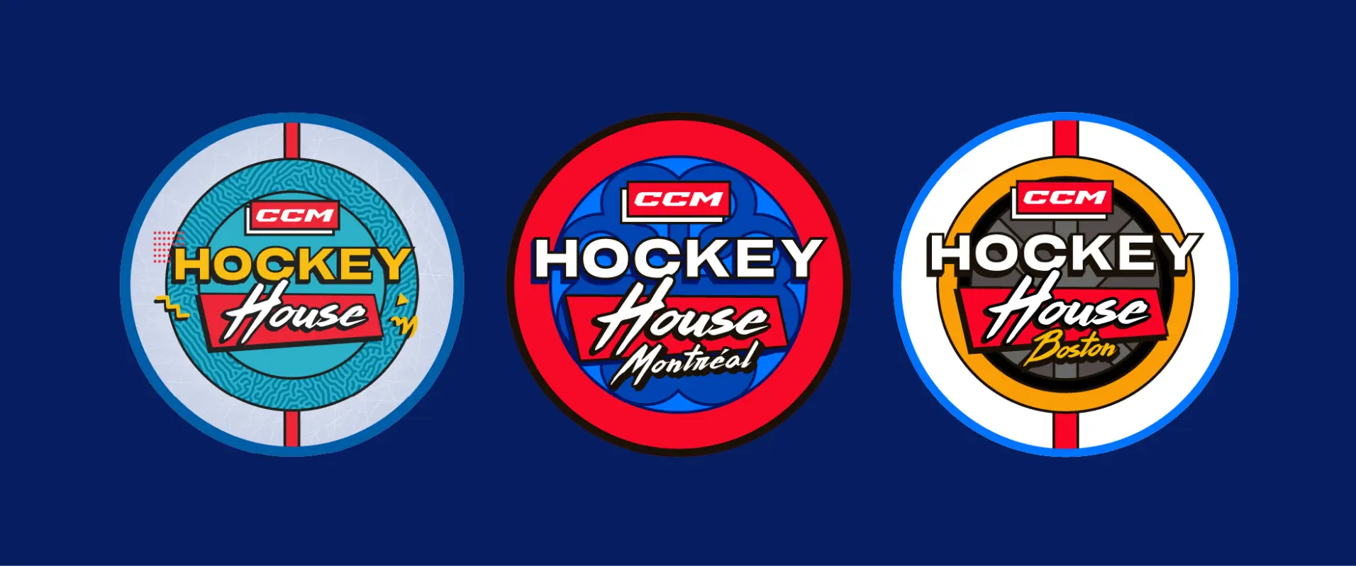 Three colorful "Hockey House" logos for CCM, representing Toronto, Montreal, and Boston.