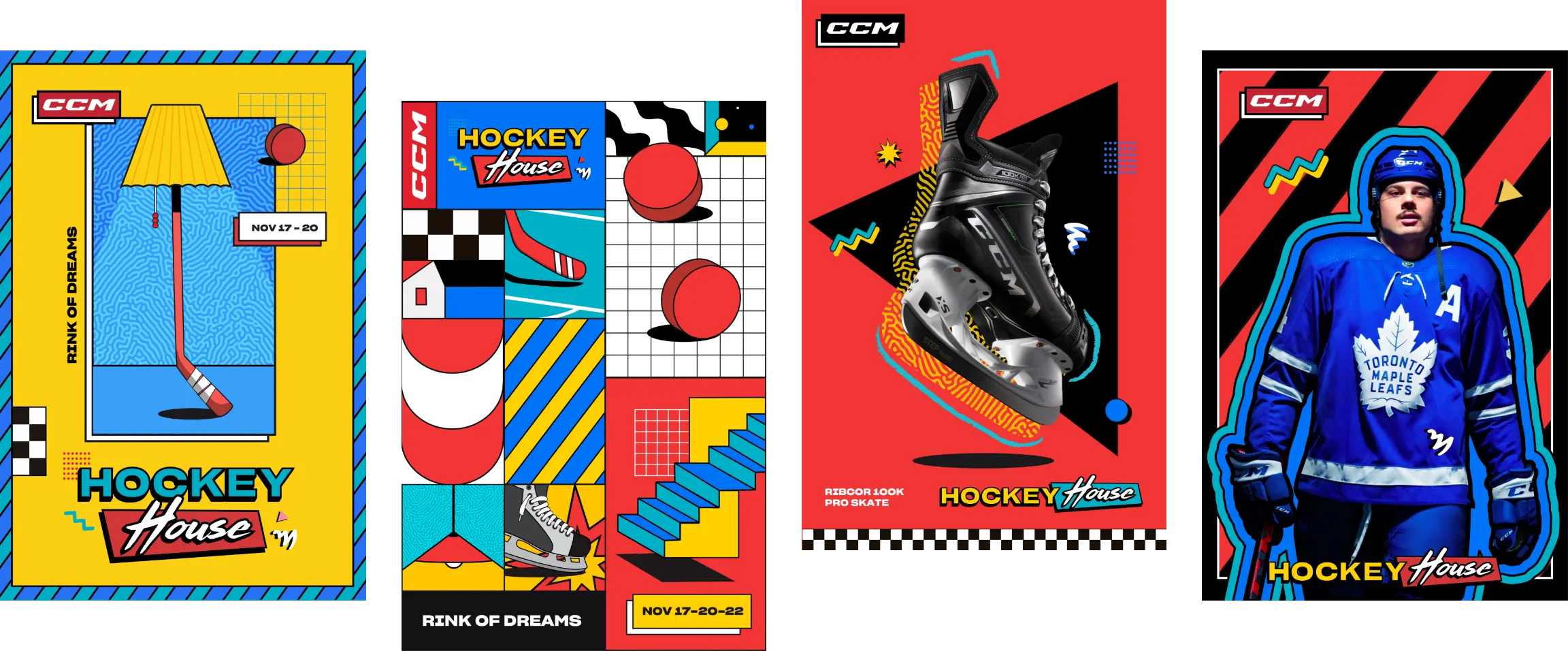 A series of four colorful posters featuring hockey equipment and themes, with a CCM logo and "Hockey House" text.